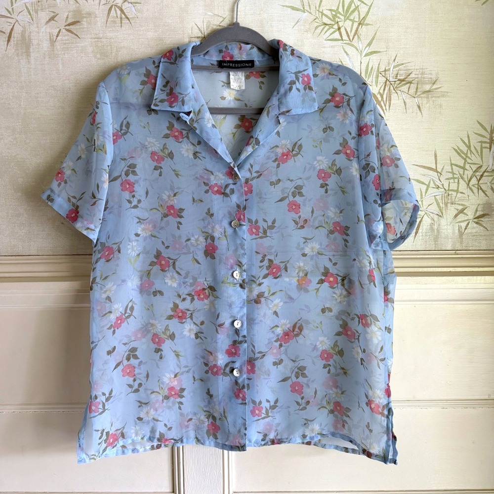 Vintage Floral Sheer Chiffon Button Up Blouse Blue Pink 90s Medium